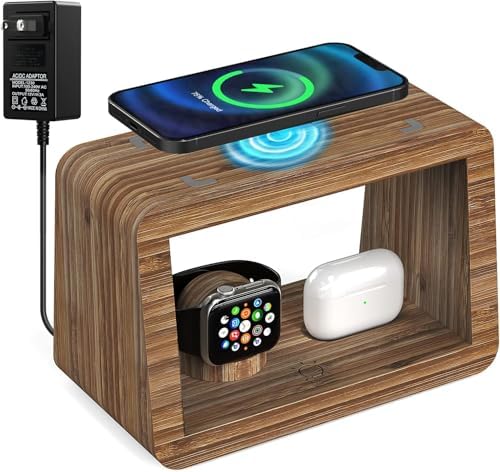 Eco-Friendly Bamboo Charging Station with 15 W Fast Wireless Charging, Adjustable Night Light & Multi-Device Compatibility for i Phone, i Watch, Air Pods, and Samsung – Sleek Nightstand Solution with 3 Color Modes and 4 Brightness Levels, Includes Adapter for Enhanced Efficiency