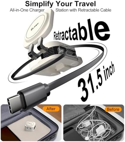 2025 3-in-1 Magnetic Wireless Charging Station for Apple Devices – Fast 15 W Mag Safe Charger with Retractable Cable and Foldable Stand for i Phone 16/15/14/13/12 Pro Max, Apple Watch, and Air Pods – Ultimate Portability and Enhanced Safety Features