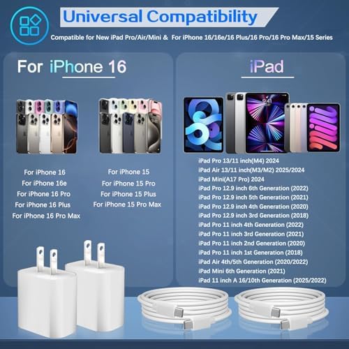 Rapid USB-C Fast Charger for i Pad Models – 20 W PD Wall Adapter with 6 FT Cable for Efficient Charging of i Pad Pro, Air, and Mini – MFi Certified, Compact Design for Travel, Enhanced Compatibility and Safety Features