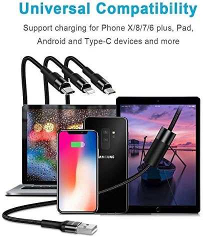 USAMS 5 FT 3-in-1 Multi Charging Cable – Durable Nylon Braided Fast Charger for Universal Compatibility with USB-C, Micro USB & Lightning Connectors – Ultimate Versatility for Smartphones & Tablets