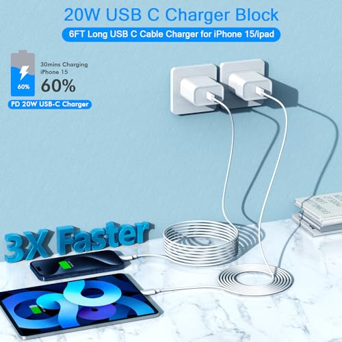 Rapid Charge Trio: 20 W USB-C Charger Block Set with 6 FT Cables for i Phone 16/15 & i Pad Pro – Ultimate Fast Charging Solution for Apple Devices, Enhanced Compatibility & Portability