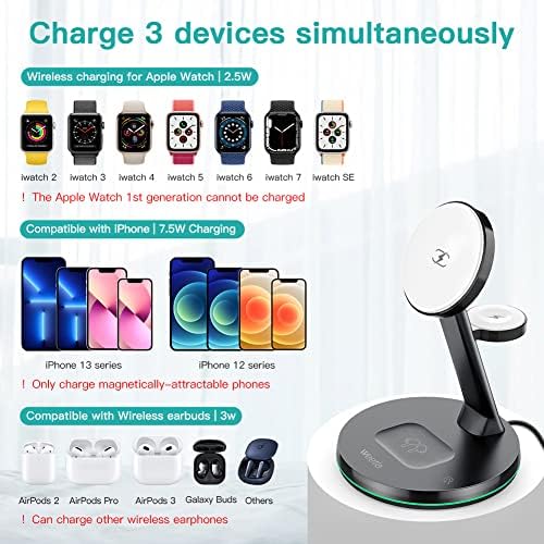 Weetla Magnetic 3-in-1 Wireless Charging Station – Rapid Charge for i Phone 13/12 Series, Apple Watch 7/6/SE/5/4/3/2, and Air Pods Pro/2 – Includes QC 3.0 Adapter for Optimal Efficiency – Compact Design Ideal for Home, Office, and Travel – Stylish Solution to Eliminate Cord Clutter with Long-Lasting Durability