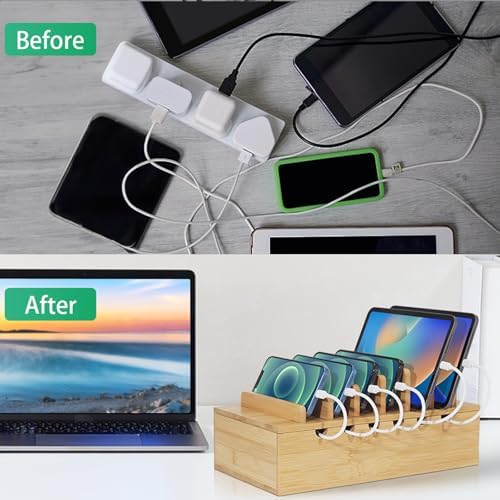 Eco-Friendly Bamboo Charging Station for Multiple Devices – 5-Port USB Docking Organizer with 6 Charge Cables for i Phones, Tablets, and Laptops – Space-Saving Design for Enhanced Efficiency and Fast Charging