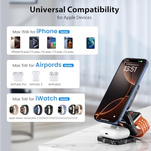 X55 Magnetic Foldable 3-in-1 Charging Station for Apple Devices – 15 W Fast Wireless Charger for i Phone 16, 15, 14, 13, 12 Series, 5 W Apple Watch Power Station, Portable Air Pods Charging Stand – Sleek Black Design for Travel and Home Use