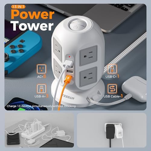TESSAN Tower Surge Protector Power Strip – 10 ft Flat Extension Cord with 8 AC Outlets & 4 USB Ports (1 USB-C) – Compact Charging Station with Advanced Surge Protection for Home Office & Dorm Use – Optimal Device Safety & Versatile Compatibility