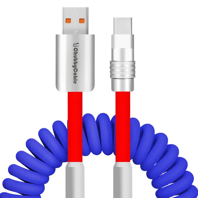 Dynamic Curly Chubby Coiled USB C Cable: 240 W Fast Charge Retractable Spiral Braid Cord for Carplay & Android Auto, Versatile Length 2.29 FT to 3.6 FT, Sleek Black and Red Design, Enhanced Compatibility for All USB-A to Type-C Devices