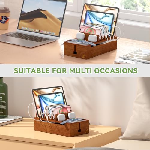 Pezin & Hulin Eco-Friendly Bamboo Cable Management Box – Sleek Desktop Organizer with 6 Cables for Tidy Charging Station, Stylish Wire Organizer for Electronic Devices, Enhances Workspace Efficiency and Aesthetics