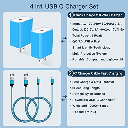 Rapid 18 W Quick Charge 3.0 Wall Charger for LG Devices – Ultra-Fast USB C Charging Solution with Two 6 FT Cables for Stylo, V, G Series, and Velvet – Compact, Safe, and Perfect for On-the-Go Power Needs