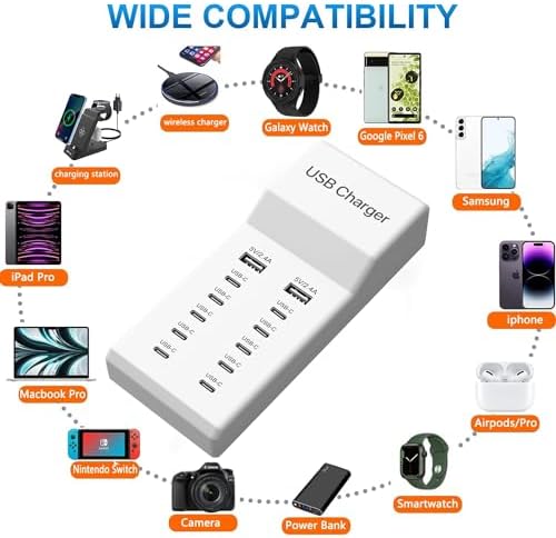 Ultimate 12-Port USB C Charging Station – 60 W Multi-Device Power Hub with 10 USB-C and 2 USB-A Ports for Fast Charging of i Phone, i Pad, Samsung, Google Pixel, Smartwatches, and Headphones – Compact Design for Home, Office, or Travel – Smart Technology for Optimal Power Delivery and Enhanced Compatibility
