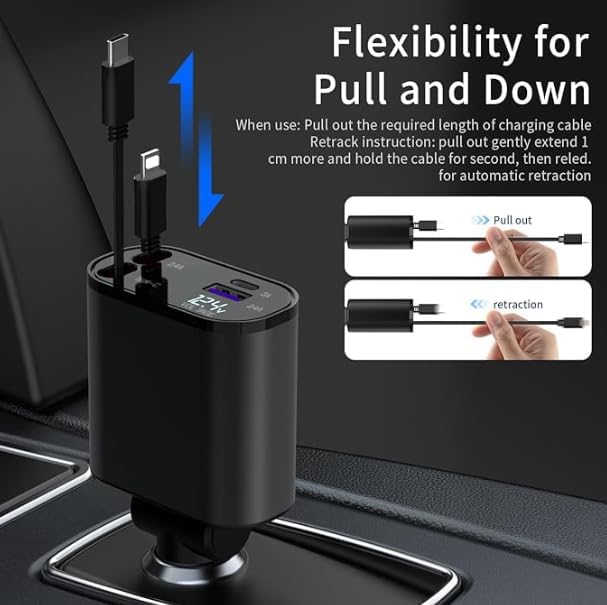 Ultimate 4-in-1 Retractable Car Charger – 66 W Fast Charging Solution with Dual 2.6 ft Cables & USB Port for Seamless Device Compatibility – Perfect for i Phone 16/15/14/13/12/11, Galaxy, Pixel, i Pads (2025) – Compact, Durable, Tangle-Free Design for On-the-Go Power