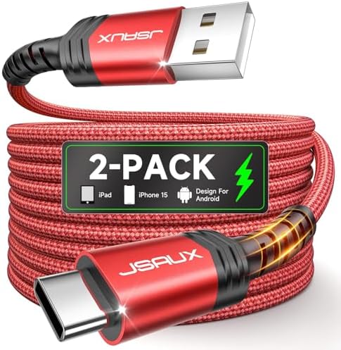 JSAUX 10 ft USB C Cable 2-Pack – High-Speed Charging & Data Transfer for i Phone 16 Series, Samsung Galaxy S20/S10/S9 & Note 20 – Durable Nylon Braided Design for Ultimate Reliability – Perfect for Home, Office & On-the-Go Use – Enhanced Compatibility with USB 3.1 Technology – Sleek Black Finish for Professional Aesthetics
