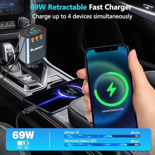 Paiholy 66 W 4-in-1 Retractable Car Charger – Dual USB Fast Charging Station with Dual i Phone Cables for i Phone 14/13/12/11 Pro Max/XS MAX and i Pad – Real-Time Voltage Display, Compact Design for Effortless Travel Convenience