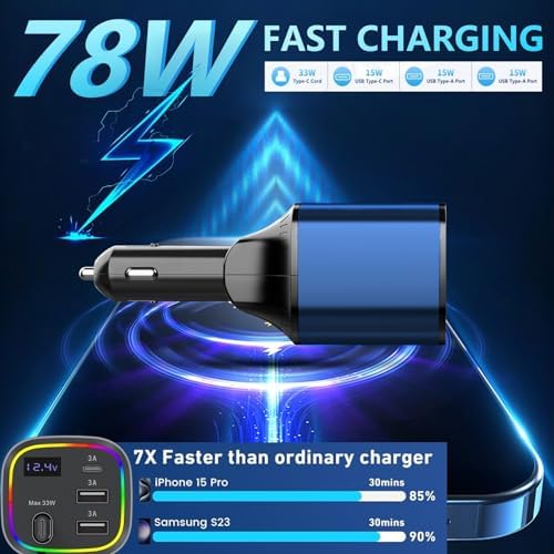Ultimate AGEMANY 4-in-1 Retractable Car Charger: 78 W Fast Charging USB C Adapter for i Phone 16/15/14/13/12 & Android Devices, Stylish Cigarette Lighter Accessory with RGB Illumination – Perfect Gift for Tech-Savvy Drivers