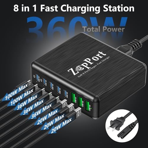 Ultimate 360 W USB C Fast Charging Hub – 8-Port Ga N Charger for Multi-Device Power Delivery | Efficient Charging Station for Mac Book Pro/Air, i Pad Pro, i Phone & More | Compact Design with Safety Features for Busy Professionals