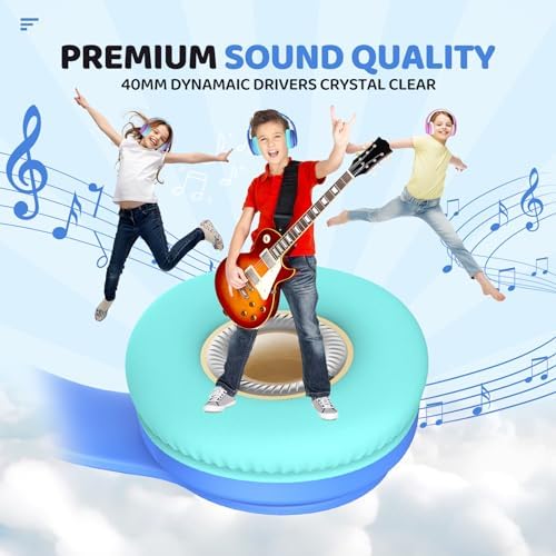 Kids Safe Sound Bluetooth Headphones – Lightweight Over-Ear Design with Volume Limiting (85/94 d B), 60-Hour Battery Life & Bluetooth 5.3, Built-in Microphone, Cozy Fit in Vibrant Blue – Ideal for Music, Audiobooks & Playtime with Enhanced Hearing Protection
