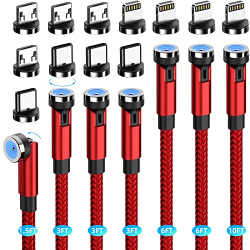 Versatile 7-Pack 540 Rotating Magnetic Phone Charger Set – 3 in 1 Nylon Braided USB Charging Cables for Micro USB, Type-C, and i OS Devices – Fast Charging with 540-Degree Magnetic Connector – Durable and Tangle-Free for Home, Office, and Travel – Optimal Lengths: 1.6 FT, 3 FT (x3), 6 FT (x2), and 10 FT – Enhance Compatibility and Power Efficiency