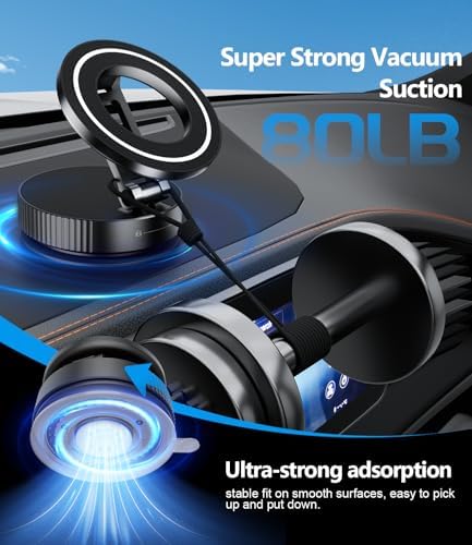CloudValley Magnetic Car Phone Holder – Vacuum Suction Cup Phone Mount 360° Adjustable, Durable Metal Stand for iPhone & Android, Portable Magnetic Holder for Dashboard/Windshield/Gym Mirror (Silver) – Enhanced Compatibility and Speed
