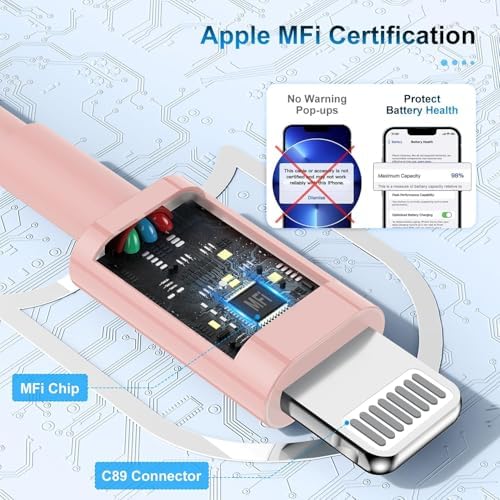 Premium 3-Pack Apple MFi Certified Lightning to USB Charger Cables – 6 FT Durable Fast Charging Cords for i Phone 13/12/11/11 Pro/11 Max/X/XS/XR/XS Max/8/7/6 – Enhanced Performance and Extended Reach for Seamless Device Connectivity