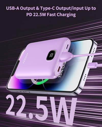 Ultra Slim ANOUV 10,000 m Ah Portable Charger – Fast Charging Power Bank with PD 22.5 W & QC 3.0 for i Phone and Android Devices – Lightweight External Battery for On-the-Go Charging Needs