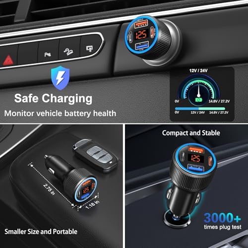 Premium 65 W Multi-Port USB C Car Charger for i Phone 16/16 e/15 Pro Max & Samsung Galaxy Devices – Dual USB-C Fast Charging Adapter with Integrated Voltmeter for Safe, Efficient Power Delivery on the Go – Ideal for Family Road Trips & Daily Commutes