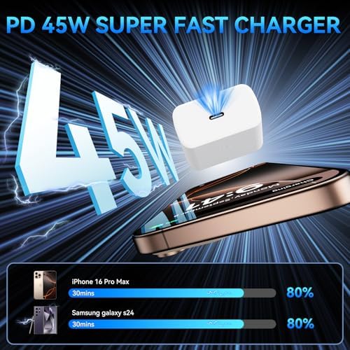 Elevate Your Charging Experience with the 45 W Super Fast USB-C Charger and 6.6 FT Cable – Optimal for i Phone 16 Pro Max, i Pad, and Android Devices – Compact, High-Efficiency Power Adapter with Advanced Safety Features for On-the-Go Users