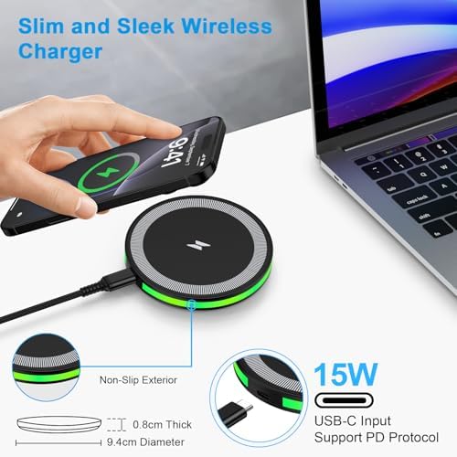 15 W Fast Wireless Charger Pad for Google Pixel 9, 9 Pro, Samsung Galaxy S25/S24/S23 & i Phone 16 — High-Speed Charging with QC3.0 Adapter, Case-Friendly Design, Smart Safety Features, and LED Indicator for Optimal Performance and Protection