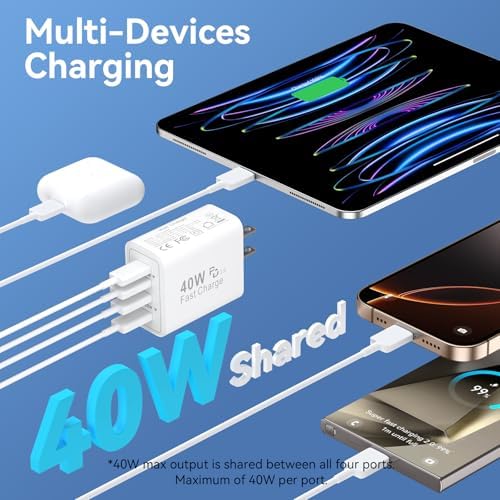 40 W USB C Charger Block – Dual Pack of 4-Port Fast Charging Power Bricks with PD & QC 3.0 Technology for i Phone 16/15/14/13/12/11 Pro Max, i Pad, Galaxy, Pixel – Sleek White & Blue Design for Convenient Multi-Device Charging