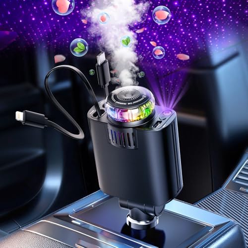 Experience Ultimate Comfort on the Road with the Starlight 5-in-1 Retractable Car Charger & Aromatherapy Diffuser – Fast Charging for i Phone 16/15 and More, Dual USB-C Cables, and a Soothing Essential Oil Atmosphere for Enhanced Relaxation.