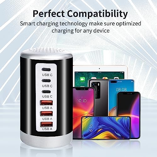Power Up in Style: Universal 6-Port USB Charging Hub with Smart Identification Technology for i Phone, i Pad, and More – Compact, Fast Charging Station in Elegant Purple Finish for Home and Office Use