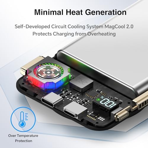 Ultra-Fast Magnetic Power Bank with 11,000 m Ah Capacity and Active Cooling Technology – Transparent Portable Charger for i Phone 14/13/12 Pro & Mag Safe Compatibility – 20 W USB-C Input/Output for Rapid Charging and Enhanced Device Safety