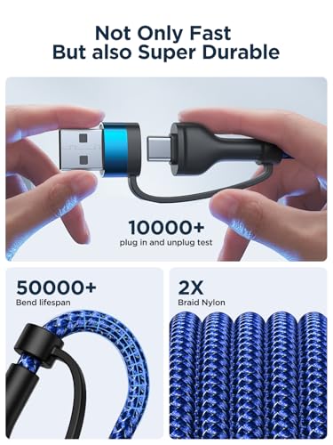 Universal 4-in-1 Multi-Device Charging Cable [2-Pack, 6.6 FT] – 60 W Fast Charging Nylon Braided Lightning & USB-C Cords for i Phone, i Pad, Samsung Galaxy, Mac Book & More – Durable & Tangle-Free Solution for Efficient Powering