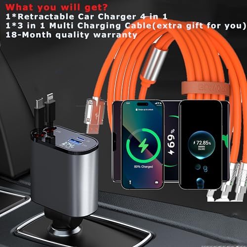 Universal 4-in-1 Fast Charge Retractable Car Charger – 100 W Power Delivery for i Phone 15/14/13 Pro Max, Galaxy & Pixel – Compact 2.6 ft Cables with Cigarette Lighter Adapter – Ideal Gift for Tech-Savvy Men & Women – Enhanced Speed & Compatibility for On-the-Go Charging Solutions