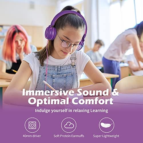 Stylish AILIHEN I35 Kids Foldable Headphones with Safe 93 d B Volume Limiting and HD Microphone – Perfectly Designed for Learning and Fun on Chromebooks, Laptops, and Tablets – Trendy Pink and Purple Color for Young Explorers and Students