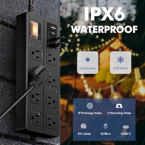 VNJ Outdoor Power Strip: 8 AC Outlets & 4 Fast USB Ports, IPX6 Waterproof Surge Protector with Safety Lock for Secure Connections, ETL-Certified 15 FT Extension Cord – Ideal for Home, Garden, and Commercial Applications