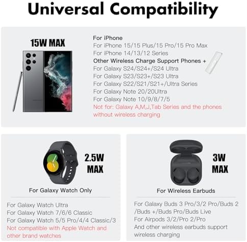 Magnetic 3-in-1 Wireless Charging Station for Samsung Galaxy: Fast, Foldable Dock for S24/S23/S22/Note20, Compatible with Galaxy Watch 7/6/5/4/3 & Galaxy Buds, 360° Adjustable Angles, Sleek Alloy Design for Efficient Heat Dissipation and Safe Charging, Ideal for Home or Travel