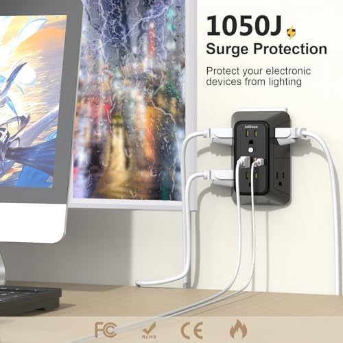 Maximize Your Power Potential with the 6-Outlet Surge Protector & 4-Port USB Charger – Versatile Multi-Plug Adapter Featuring 2 Fast-Charging USB-C Ports, Ideal for Home, Office, Kitchen, and Travel – Enhanced Safety and Connectivity for All Your Devices