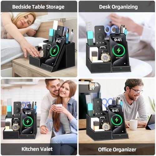 Premium PU Leather Wireless Charging Station & Desk Organizer for i Phones – Fast, Stylish Charging Dock with Integrated Pen Holder – Ideal Gift for Men and Essential Office Accessory in Elegant Black – Boost Productivity & Organize Your Workspace