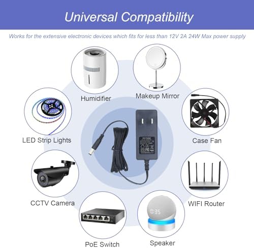 Universal 12 V 2 A DC Power Supply Adapter – 24 W Multi-Device Charger with 5.5 mm x 2.1 mm Connector & 9 Interchangeable Tips for LED Strips, CCTV Cameras, Routers, and Audio Equipment – Safe, Reliable Power for Home and Office Use with Enhanced Circuit Protection