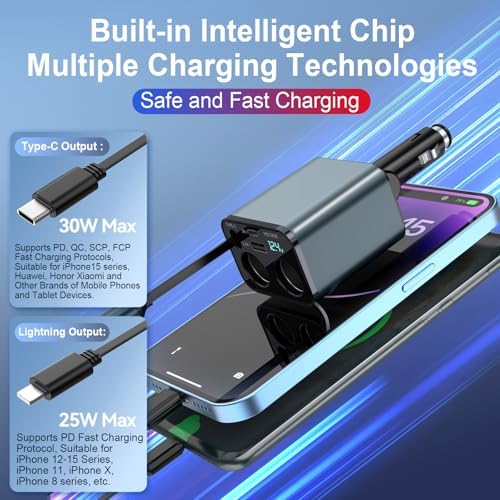 ELOHEI 66 W Retractable Car Charger – 5-in-1 Fast Charging Hub with 31.5″ Tangle-Free Cords, Dual USB Ports for i Phone 16/15/14/13/12 Pro Max & Android – Unmatched Compatibility and Speed for On-the-Go Power Solutions