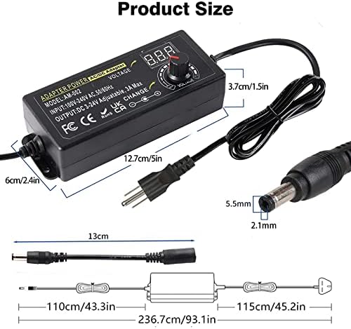 Universal Adjustable DC Power Supply Adapter, 3 V-24 V, 3 A, 72 W – Versatile AC to DC Converter with 14 Interchangeable Tips for Maximum Device Compatibility and Enhanced Performance