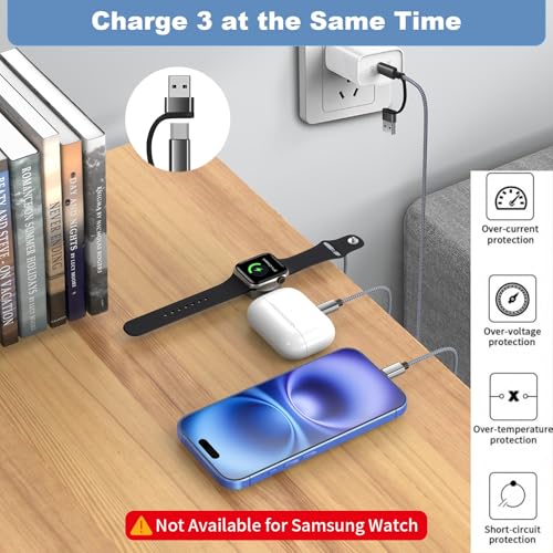 Revolutionary 3-in-2 USB C Charging Cable for Apple Watch, i Phone, and Air Pods – Ultra-Fast Multi-Device Power Hub Compatible with i Watch Ultra/SE, i Phone 16-11, and Galaxy S23 – Lightweight Travel Charger for Effortless On-the-Go Charging and Enhanced Performance