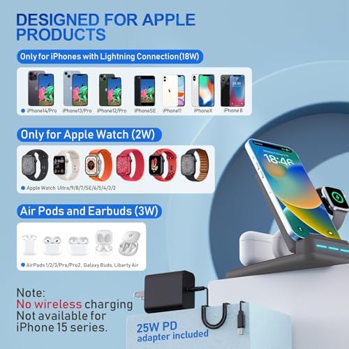 MSTJRY 4-in-1 Fast Charging Station for Apple Devices – Foldable 25 W PD Charger for i Phone 14/13/12/11/X/8, Apple Watch & Dual Charging for Air Pods – Space-Saving, High-Speed Charging Dock for Multi-Device Solutions