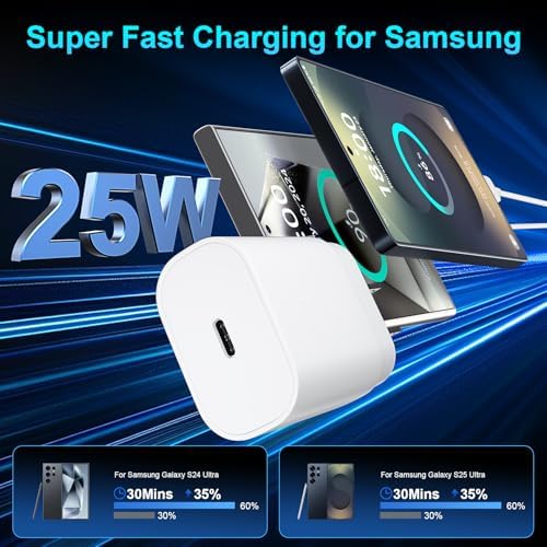 High-Speed 25 W Type C Wall Charger for Samsung Galaxy S25 Series – Includes Dual 10 FT USB-C Cables for Enhanced Flexibility and Safety – Lightning-Fast Charging with Compact Design for Travel Enthusiasts and Everyday Users