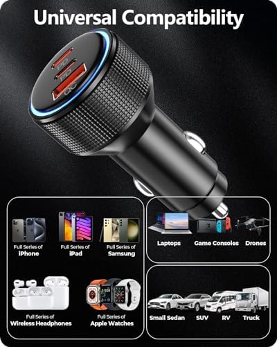 Dual USB C Car Charger with QC 3.0 Technology – 66 W Fast Charging Adapter + 2 Lightning Cables for i Phone 15/14/13/12 Pro Max and Galaxy S23/S22/S21 Ultra – MFi Certified for Reliable Compatibility on All Your Road Trips – Effortless Dual Device Charging with Enhanced Speed and Durability