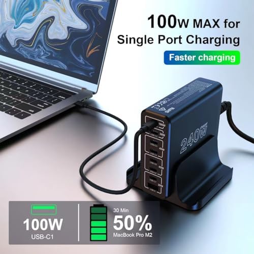 URVNS 240 W USB-C Multiport Charger: Compact 8-Port Fast Charging Station with Ga N Technology for Laptops, i Phones, and More – Universal Compatibility and Enhanced Power Delivery for On-the-Go Users