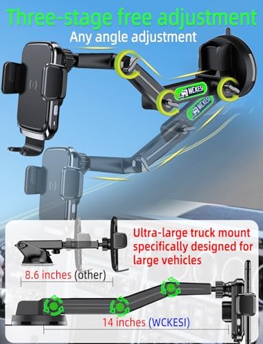 Heavy-Duty Wireless Truck Phone Holder with 15 W Fast Charging – 14-Inch Adjustable Arm for i Phone, Samsung, LG – Essential Dashboard & Windshield Mount for Safe Driving and Effortless Connectivity