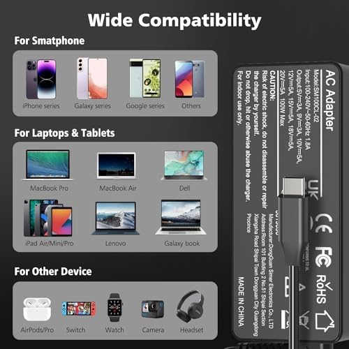 Universal 100 W USB-C Laptop Charger – Fast, Reliable Power for Mac Book Pro, Dell, Lenovo, Asus & More – Versatile Type-C Power Adapter for All USB-C Devices – 1.5 m Cable with Smart Management Strap – Ideal for Home, Office & Travel – 1-Year Warranty for Peace of Mind