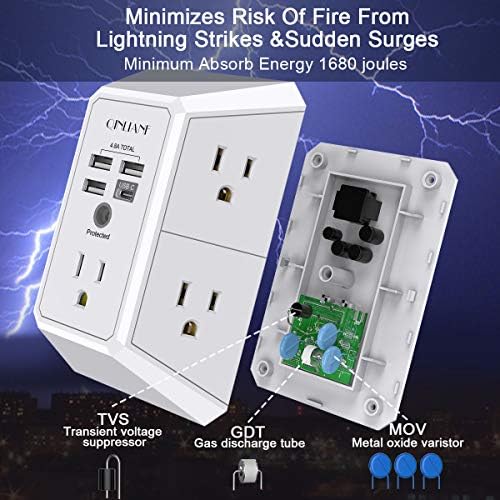 QINLIANF 5-Outlet USB Wall Charger with Surge Protection – 4 USB Ports (4.8 A Total) Power Strip Extender, 3-Sided Design for Easy Access, 1680 J Surge Defense, Compact Multi-Plug Adapter for Home, Travel, and Office Use – Elevate Your Charging Experience with Versatile Compatibility and Safety