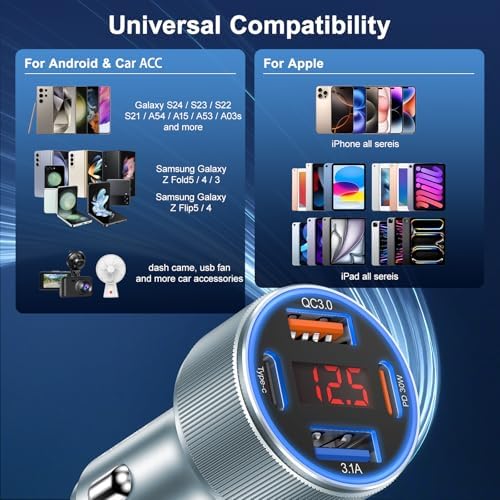 Ultimate 65 W 4-Port USB C Car Charger – Besgoods Fast Charging Adapter with Voltmeter for i Phone 16, Galaxy S24 & More – Dual Pack for Seamless Multi-Device Power, Perfect for Road Trips and Daily Commutes – Enhanced Compatibility & Rapid PD QC Charging Solutions