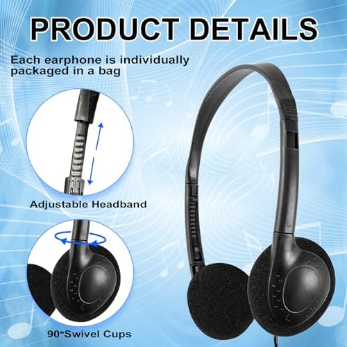 Bulk Kids Headphones – 25-Piece Classroom Audio Package for Enhanced Learning – Lightweight Adjustable On-Ear Design with Universal Device Compatibility in Sleek Black – Perfect for Engaging Group Activities and Extended Listening Comfort – Durable and Affordable Solution for Students and Adults